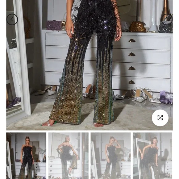 Strapless Black Feather & Sequin Jumpsuit - Picture 2 of 3